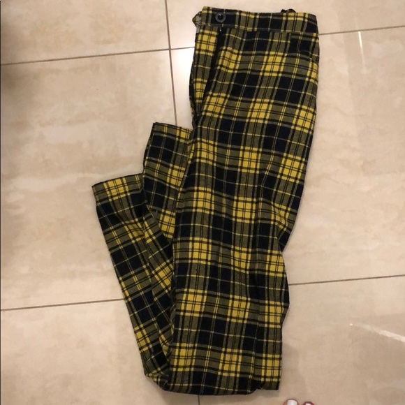 blue and yellow plaid pants